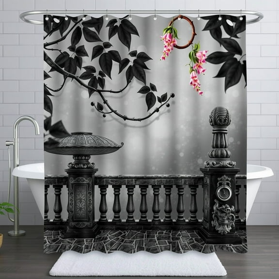 Elegant Black and White Floral Shower Curtain with Wrought Design and Pink Flower Accents