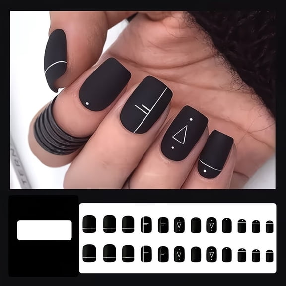 Elegant Black and White Geometric Triangle Press-On Nails Set - 24 Pieces Matte Effect with Striped Design for Fashion Lovers