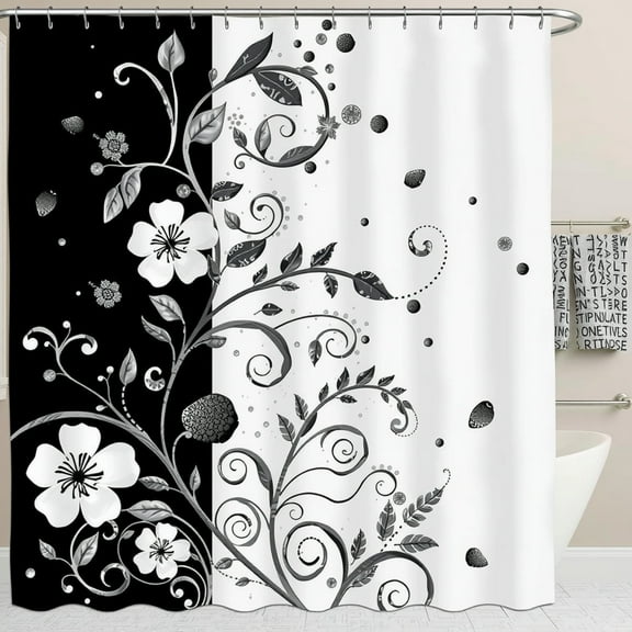 Elegant Black and White Shower Curtain with Floral Design - Stylish Home Decor