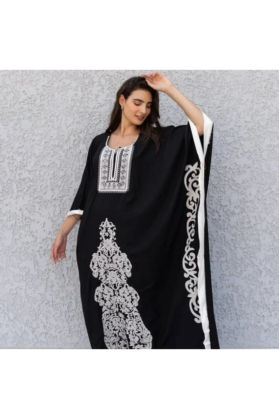Elegant Black plus size embroidered Kaftan, Loose fit Bohemian Caftan