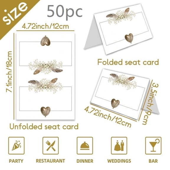 Elegant Blank Place Cards with Heart Feather and Daisy Flower Design for Weddings, Parties, and Dinners