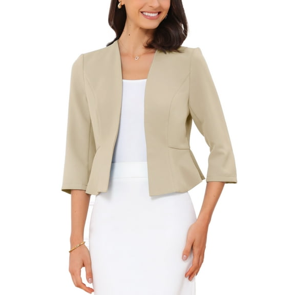 INSPIRE CHICElegant Blazer for Women's Open Front Collarless 3/4 Sleeve Peplum Business Work Suit Jacket L Apricot