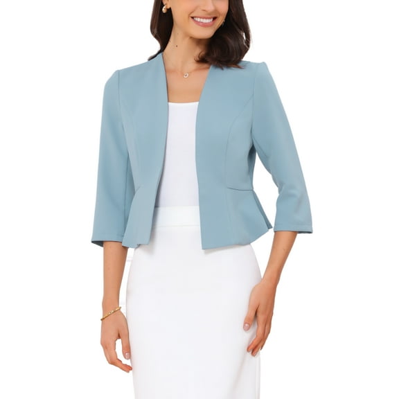 INSPIRE CHICElegant Blazer for Women's Open Front Collarless 3/4 Sleeve Peplum Business Work Suit Jacket XS Blue
