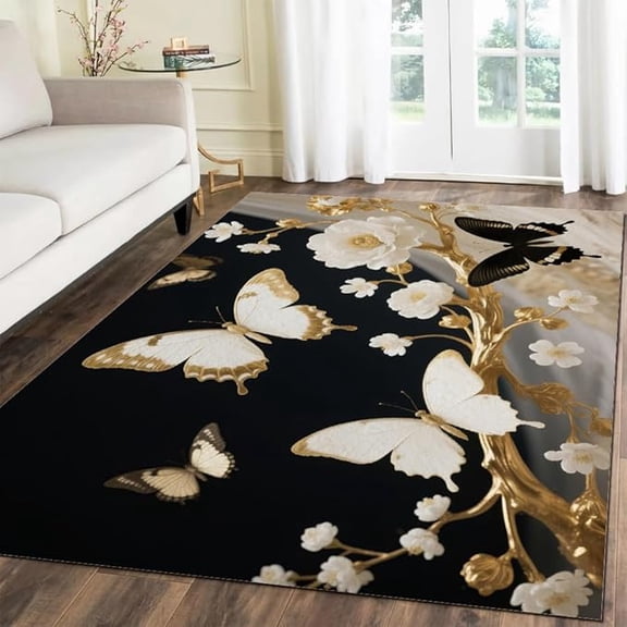 Elegant Blooming Flowers Area Rug for Bedroom, Bright Flying Butterfly Washable Rugs, 3D Pattern Carpet Modern Soft Non-Slip Indoor Rug Entryway Rug for Living Room Home Office 5 x 8ft