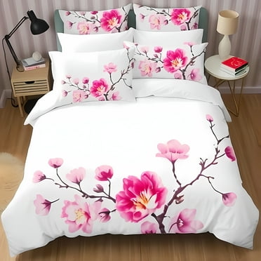 Elegant Blossom Bedding Set White Comforter with Vibrant Floral Print & Matching Pillowcases Cozy Bedroom Decor