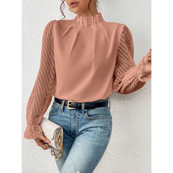 Elegant Blouse,Womens Mock Neck Pleated Blouses Tops Mesh Sleeve Flounce Long Sleeve Casual Loose Fitted Solid Color Office Dressy Blouses