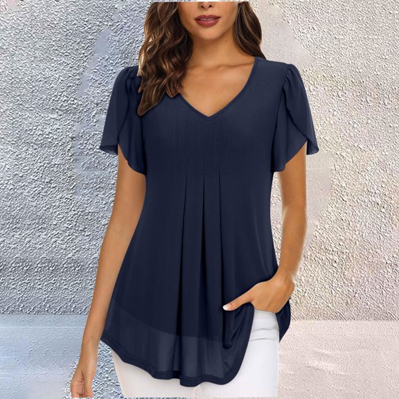 Elegant Blouses Casual V Neckline Tunics Tops Slit Short Sleeve Blouse T Shirts Solid Colour Black Shirts Pleated Longline Blouses