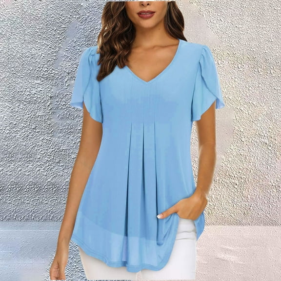 Elegant Blouses Casual V Neckline Tunics Tops Slit Short Sleeve Blouse T Shirts Solid Colour Black Shirts Pleated Longline Blouses