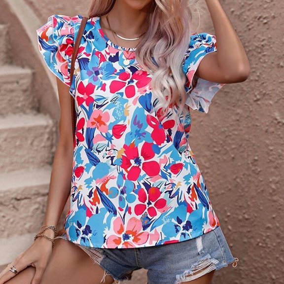 New Elegant Blouses For Women Ruffle Short Sleeve Top Fashion Print Shirts & Blouses Youthful Woman Clothes Summer Trend