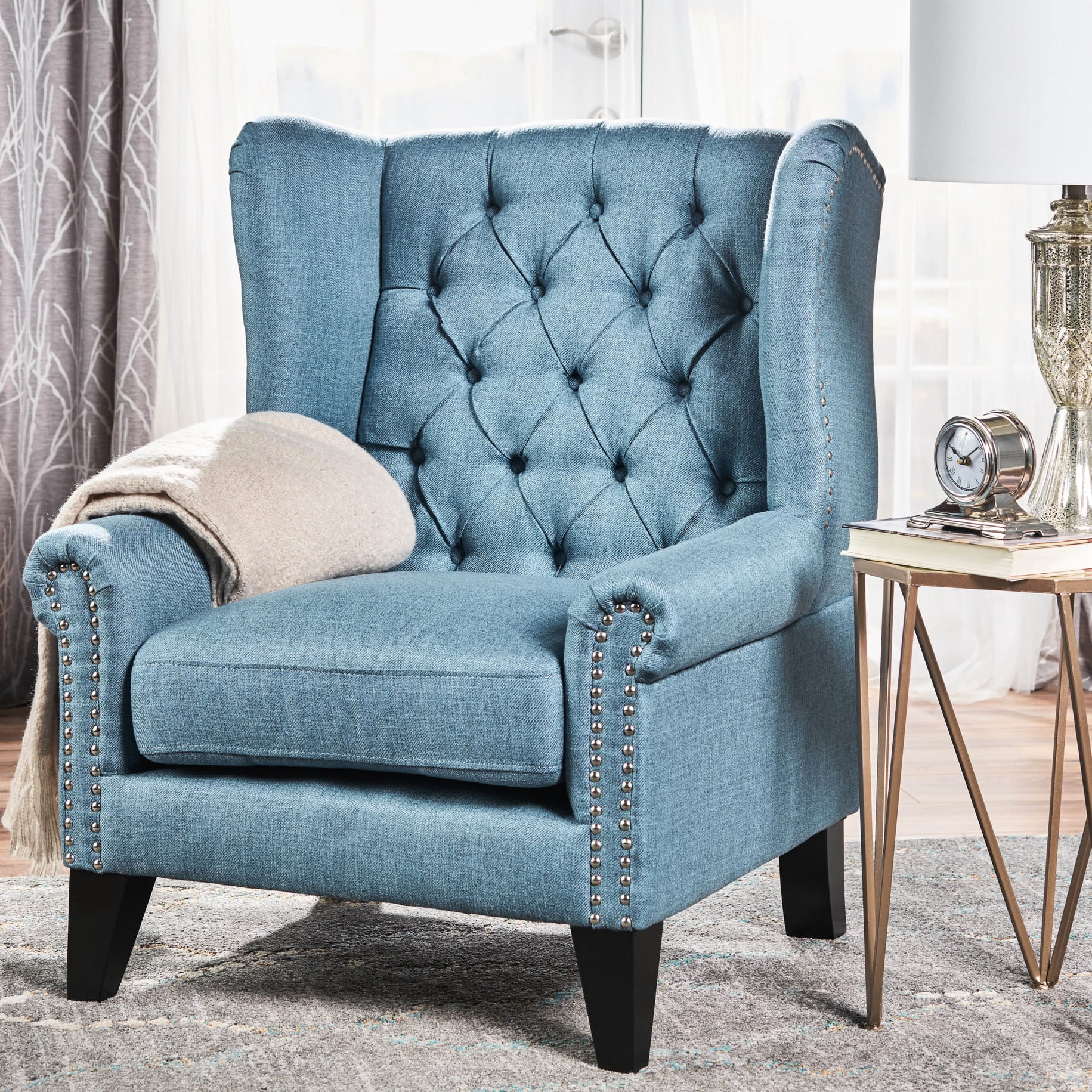 Elegant Blue Accent Chair With Graceful Back For Living Room Fabric — free download