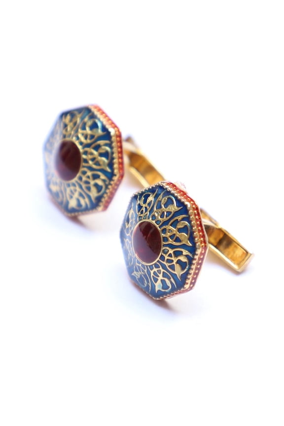 Elegant Blue And Maroon Enamel Leaf Pattern Octagon Shaped Silver Cufflinks With Cubic Zirconia
