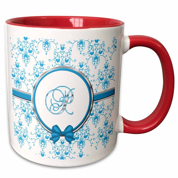 3drose, Elegant Blue and Silver Heart Damask Monogram Letter P, 11oz Two-tone Red Mug
