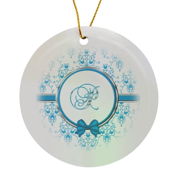 3drose, Elegant Blue and Silver Heart Damask Monogram Letter P, Circle Porcelain Ornament