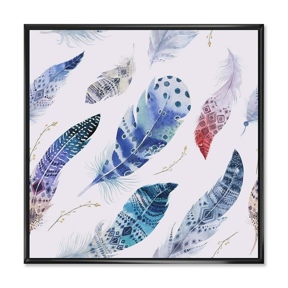Elegant Blue Boho Art Feathers 16 in x 16 in Framed Painting Canvas Art Print, by Designart