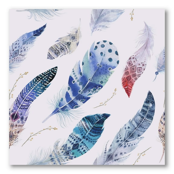 Elegant Blue Boho Art Feathers 16 in x 16 in Painting Canvas Art Print, by Designart