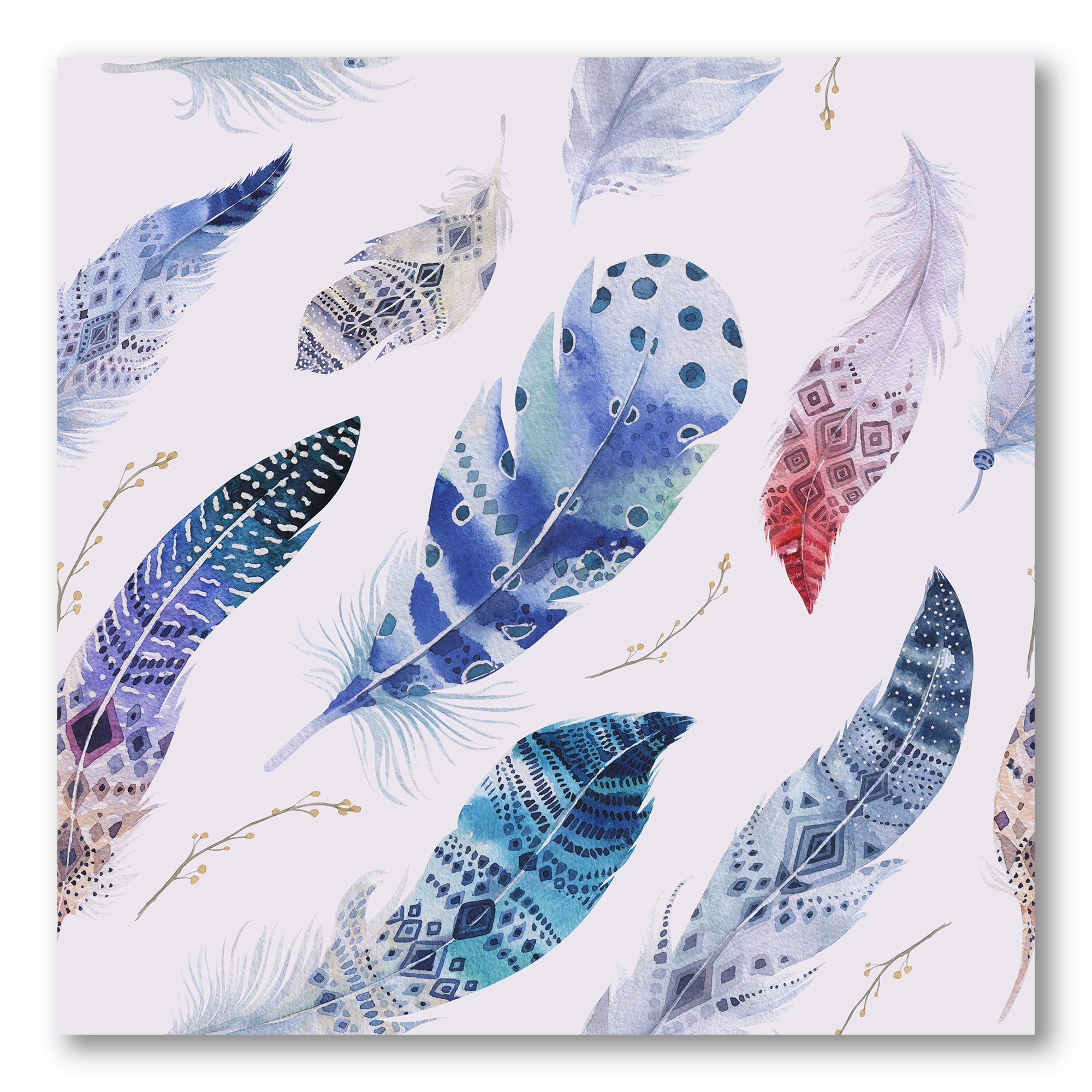 Elegant Blue Boho Art Feathers 30 in x 30 in Painting Canvas Art Print, by Designart