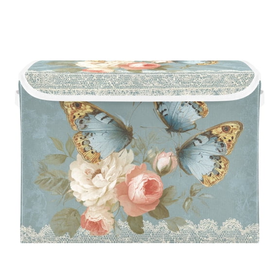 Elegant Blue Butterflies Roses White Lace Foldable Storage Bins with Lids Handles Collapsible Storage Containers Tote Boxes 16.5 x 12.6 x 11.8 inches