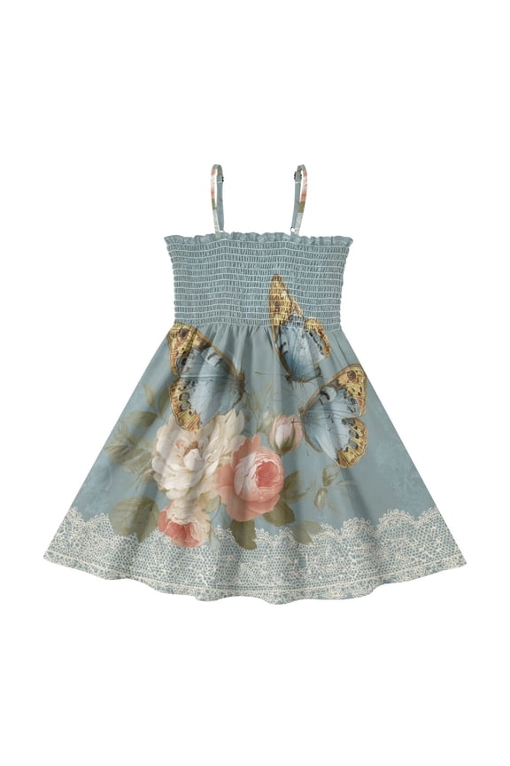 Elegant Blue Butterflies Roses White Lace Girl's Adjustable Cami Dress Casual Sundress Smocked Ruffle A-Line 4T