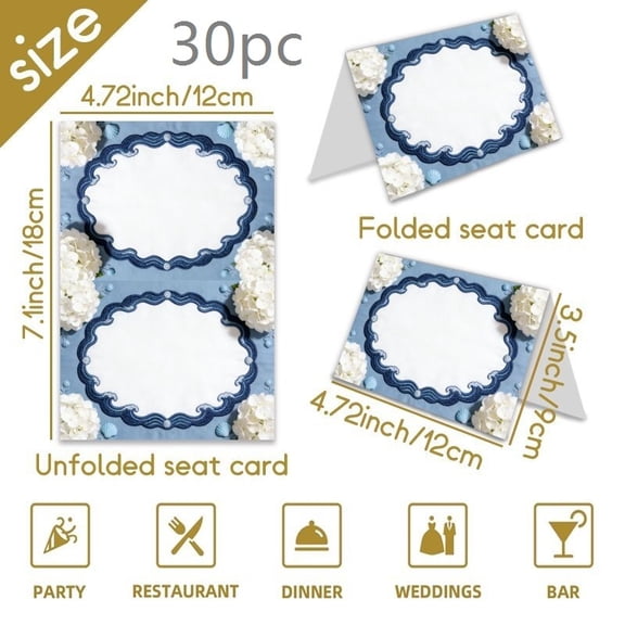 Elegant Blue Embroidered Wavy Edge Place Cards with White Hydrangeas for Weddings and Events