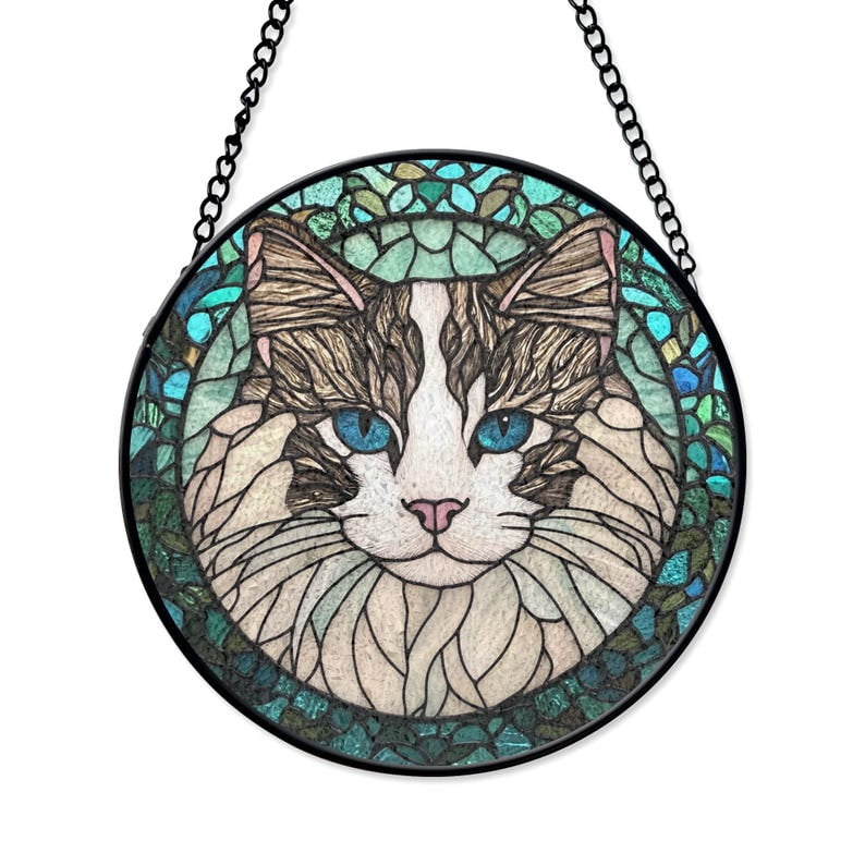 Elegant Blue-Eyed Cat Stained Glass Panel - Realistic Feline Art for ...
