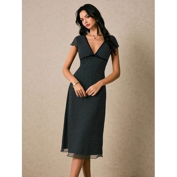 Elegant Blue Floral Print Midi Dress With V-Neck And Lettuce Trim Detail