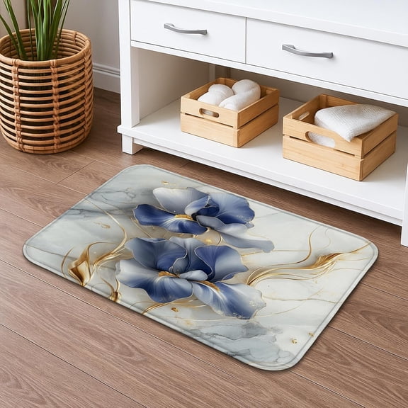 Elegant Blue Floral Quick Dry Bath Mat, Modern Artistic Design Absorbent Non Slip Shower Mat, Spring Decorative Flannel Washable Bath Rugs for Bathroom Toilet Restroom 20x32 Inch