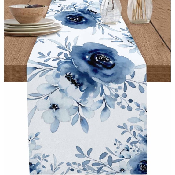 Elegant Blue Floral Watercolor Table Runners 72 inches Long Wedding/Coffee Table Runner Spring Plant Table Linen Cloth for Dinning Holiday Party Indoor Outdoor Decor