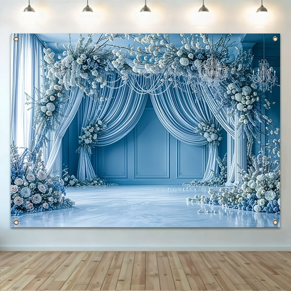 Elegant Blue Floral Wedding Backdrop Banner Blue Curtain Wedding Party Decoration Elegant Flowers Backdrop Wedding Birthday Party Decorations Bridal Shower Backdrops Studio Props