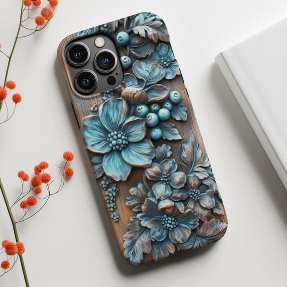 Elegant Blue Floral Wood Carved 3D Nature Phone Case 17 16 15 14 13 12 11 Pro Max
