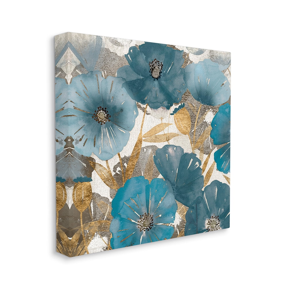 Elegant Blue and Gold Floral Abstract Canvas Wall Art, 17x17