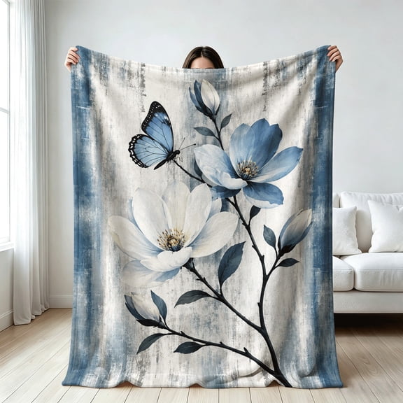Elegant Blue Flower Butterfly blanket for women,Soft Flannel Throw Blanket, gift for Birthday, Valentine's Day, Mother's Day, Christmas, Anniversary, Holiday, All Seasons Universal