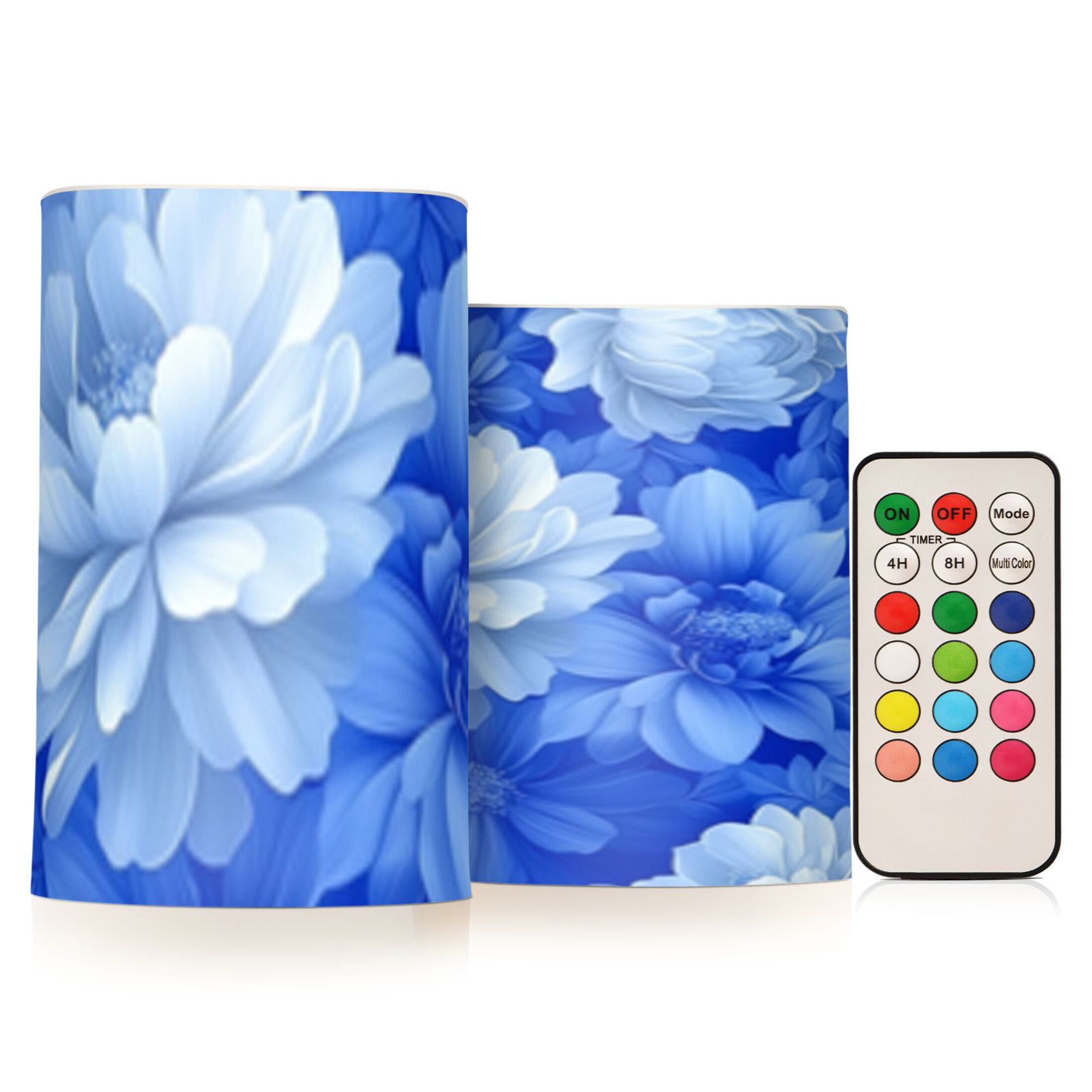 Elegant Blue Flower Flickering Flameless Candles Battery Operated with Remote Timer LED Pillar Candles Set of 2