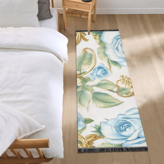 Elegant Blue Flowers Bedroom Runner Rug 2'x 6' Non Slip Carpet Indoor Home Area Rug Living Room