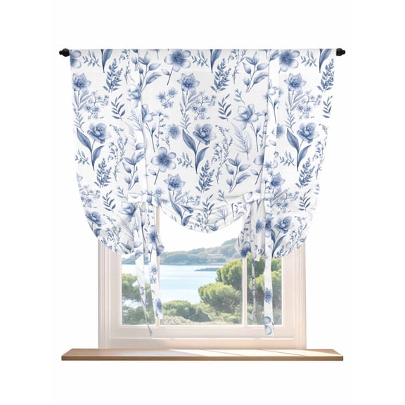 Elegant Blue Flowers Tie Up Curtains for Windows 63 Inch Length Balloon Curtains Kitchen Adjustable Balloon Window Shade Spring Floral Botanical Summer Tie Up Valance Bathroom Curtain Window 52"x63"