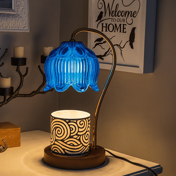 Elegant Blue Glass Floral Candle Warmer Lamp for Jar Candles, with Wood Base & Timer