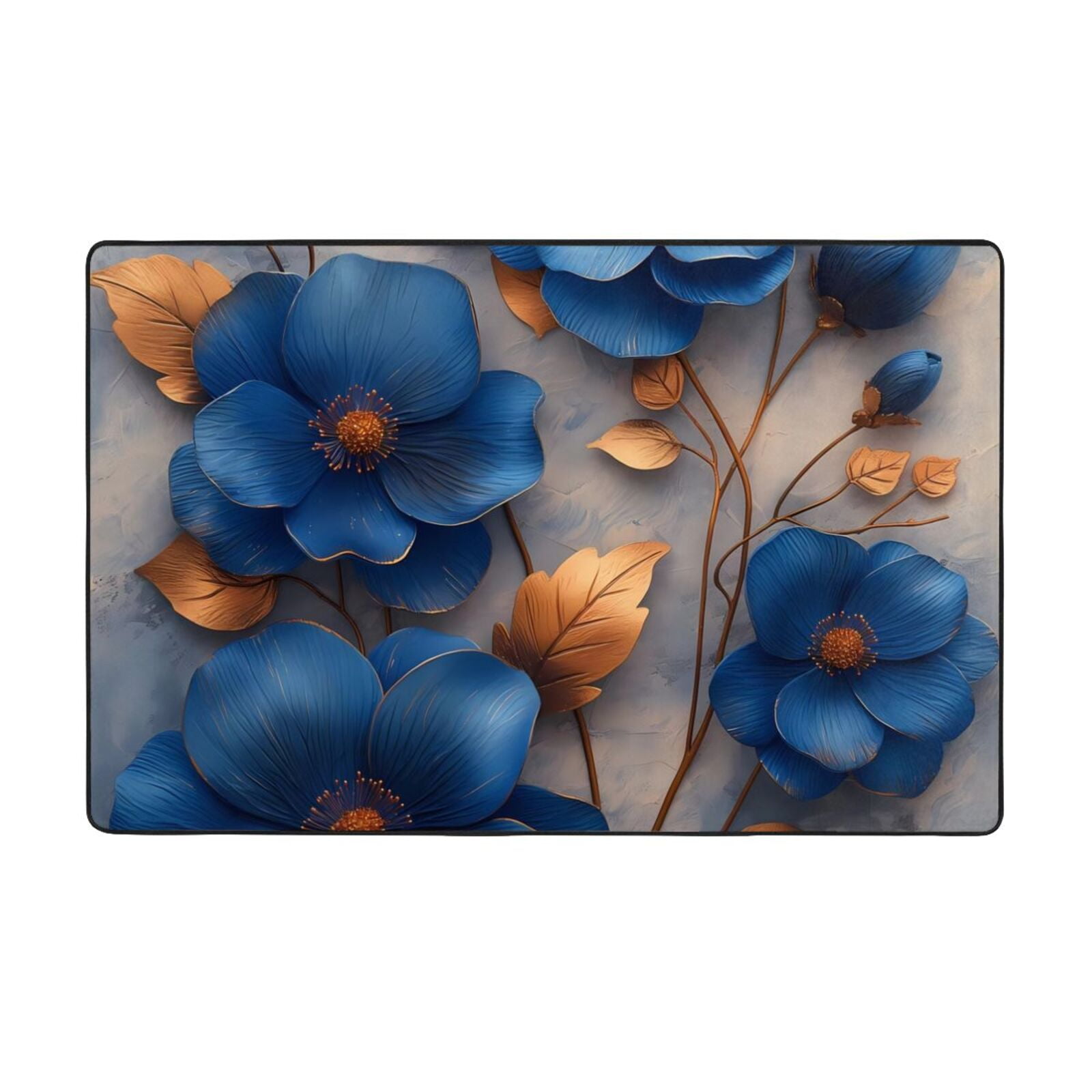 Elegant Blue Gold Blooms Area Rugs for Living Room Bedroom , 3x5 Soft