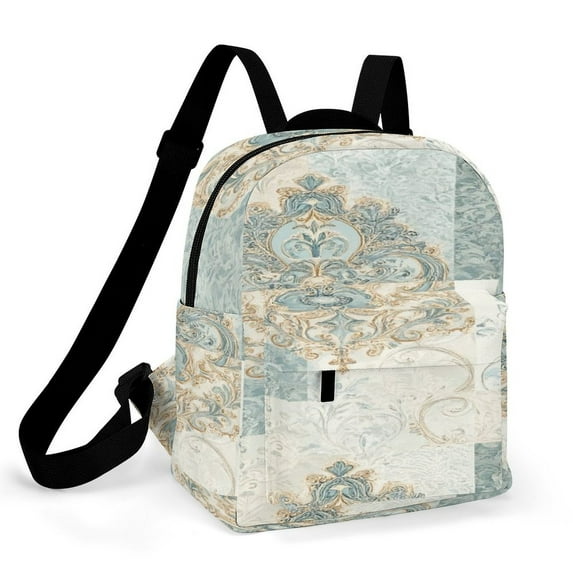 Elegant Blue Gold Damask Pattern Small Backpack Cute Mini Backpacks For Woman Lightweight Daypacks