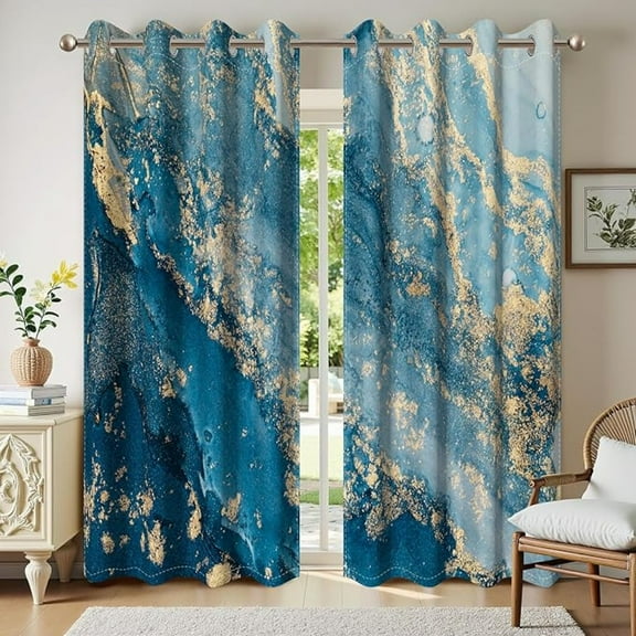 Elegant Blue And Gold Marble Blackout Grommet Window Drapes Abstract Fluid Striped Pattern Curtains For Bedroom Living Room Elegant Luxury Decoration 42"W x 84"L (Pack of 2)