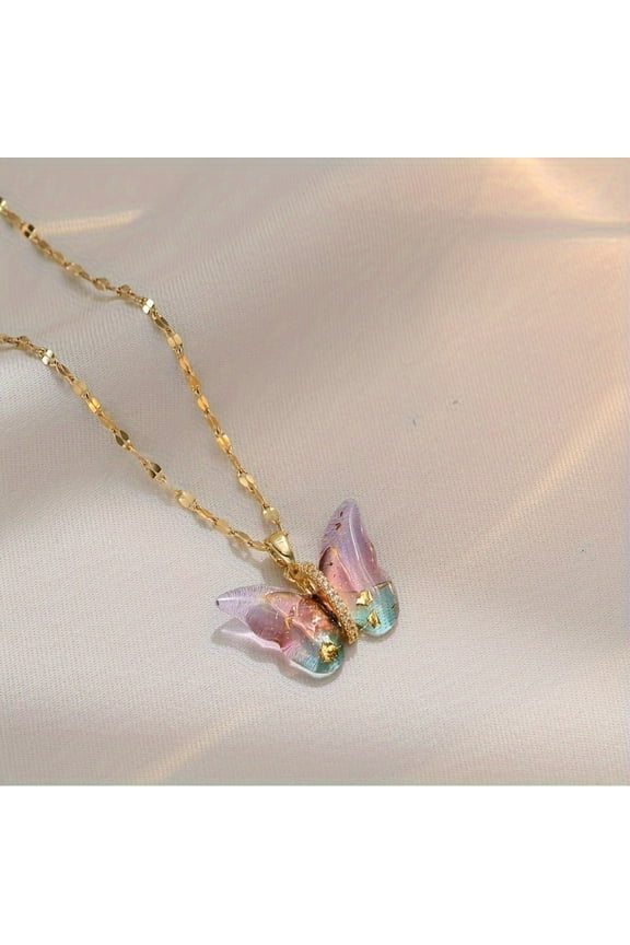 Elegant Blue & Golden Butterfly Pendant Necklace with Sparkling Zirconia Accents - Chic Resin & Copper, Stainless Steel Chain - Perfect Fashion Accessory for Women,Coloful