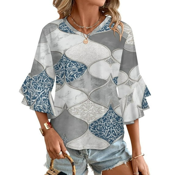 Elegant Blue Gray Mosaic Pattern Women's V-Neck Blouse With 3/4 Ruffled Bell Sleeves Casual Top Ladies Blouses