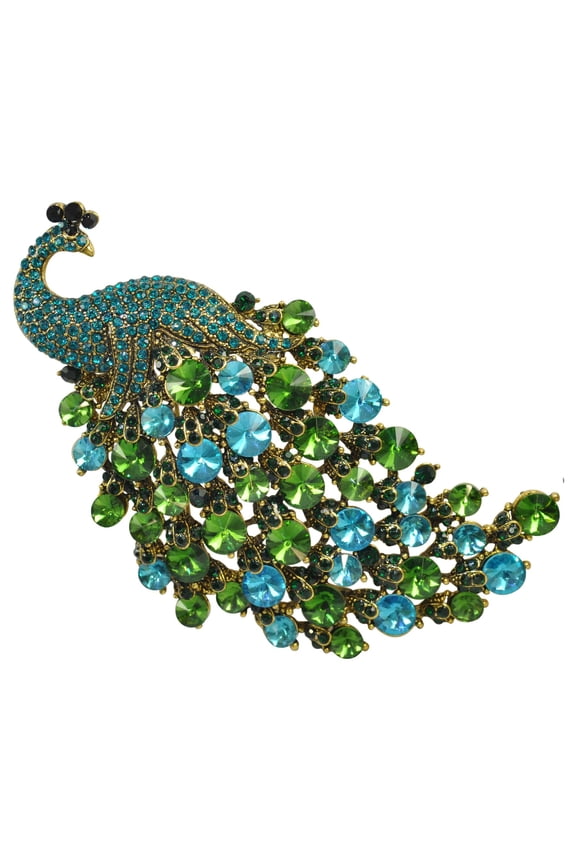 Elegant Blue Green Crystal Large Peacock Feather Bird Animal Brooch Pin