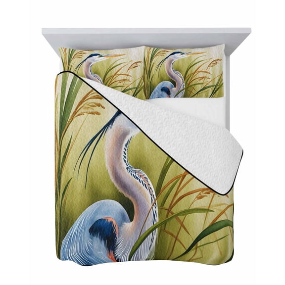 Elegant Blue Heron 3 Piece Quilt Set Twin Size, Watercolor Bird Standing amidst Golden Marsh Grass Soft Bedspread Coverlet Bedding Set Microfiber Comforter Set with 2 Pillowcases for Bedroom