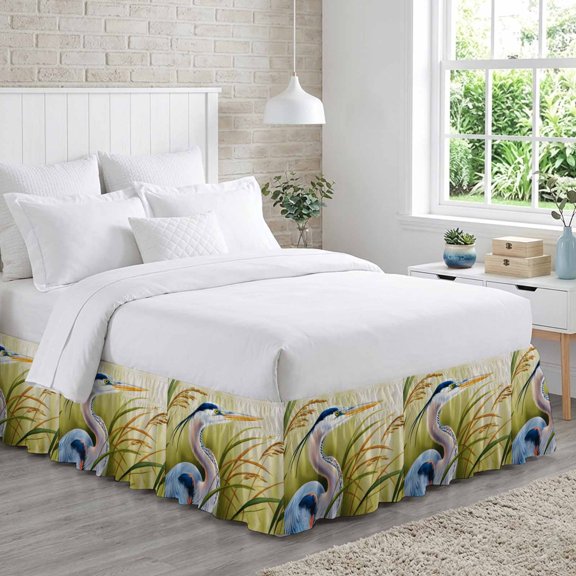 Elegant Blue Heron Bed Skirt King Size 18 Inch Drop, Watercolor Bird Standing amidst Golden Marsh Grass Adjustable Elastic Dust Ruffles Bedskirt for King Bed Wrap Around Pleated Mattress Frame Cover