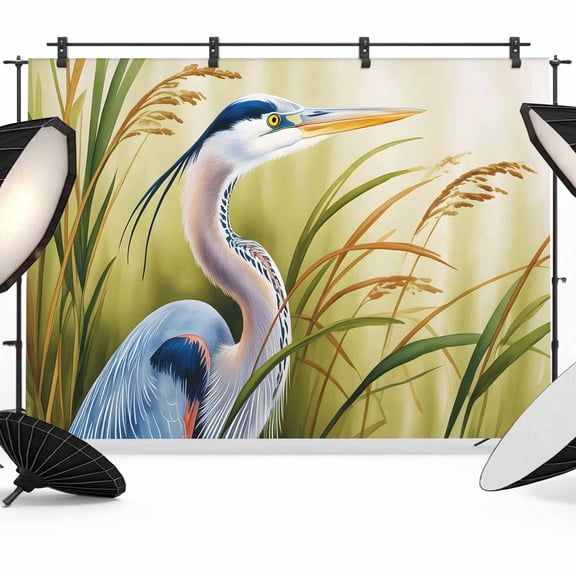 Elegant Blue Heron Photography Backdrop 7x5FT, Watercolor Bird Standing amidst Golden Marsh Grass Photo Backdrops, Background for Photography Studio Photo Studio Background, Back Drop for Photoshoot