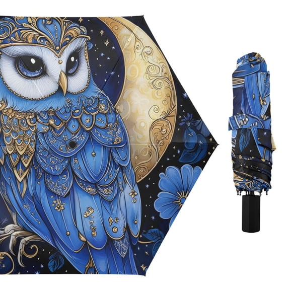 Elegant Blue Owl Flowers Moon All Weather Umbrella Triple Folding Parasol 6 Ribs UV Protection Portable