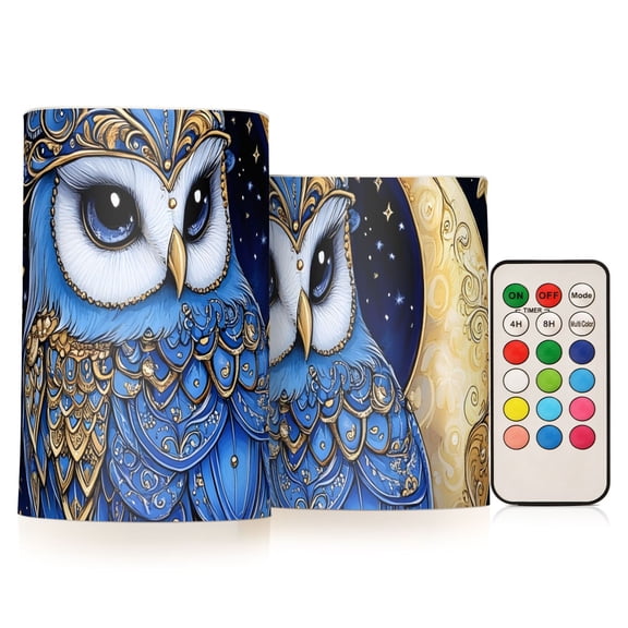 Elegant Blue Owl Flowers Moon Flickering Flameless Candles LED Tealight Battery Operated with Remote Set of 2 Holiday Decor Ornaments