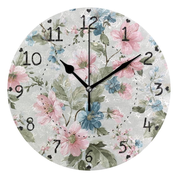 Elegant Blue Pink Florals Leaves Round Wall Clock Silent Analog Battery Operated Black Pointer Home Decor 9.84" Diameter