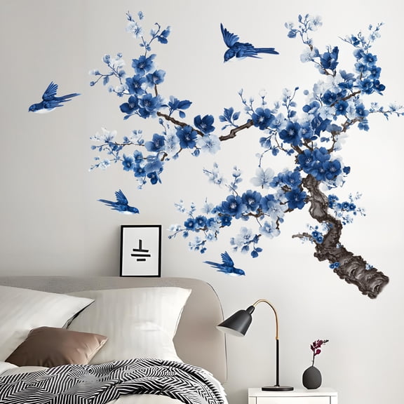 Elegant Blue Plum Blossom Wall Sticker, Traditional Chinese Art Tree Branch with Birds Decal, Removable Vinyl Mural for Living Room Bedroom Home Decor, 24x36 Inch