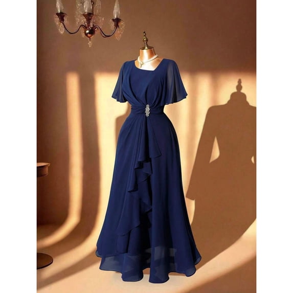 Elegant Blue Plus Size Long Dress With Rhinestone Waist Detail, Asymmetrical Hem, Short Sleeve Evening Gown