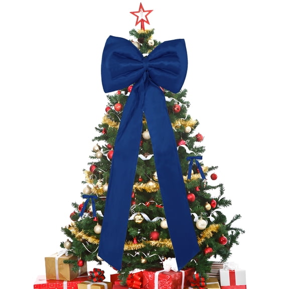 Elegant Blue Satin Christmas Tree Leader Bow Set – 25 Pieces with Wired Edge & Long Ribbon Tails – Includes Large Bow & 24 Ribbon Bows – Size: 45x30cm, Ribbon Length: 120cm